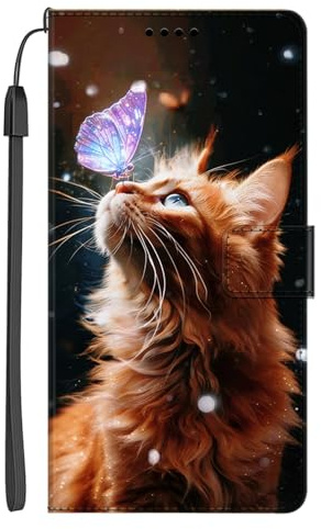EuoDuo Hülle Klappbar für Honor Magic 6 Pro 5G Handyhülle zum Klappen mit Kartenfach Brieftasche Tier Muster Magnet Schutzhülle Flip Handytasche Cover - Katze Lila Schmetterling