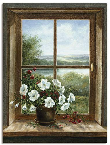 ARTLAND Wanddeko Leinwand Bilder Wandbild 45x60 cm Fensterblick Blumen Fenster Landschaft Natur Stillleben Botanik Kunst T5ZB