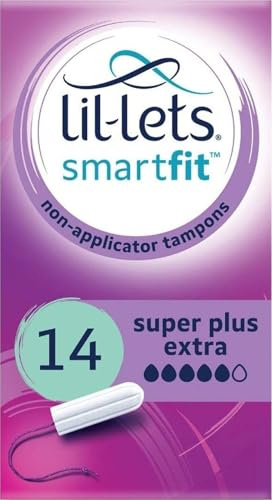 Lil-Lets icke-applikator Super Plus extra tamponger, 14 st (paket med 1), för mycket tungt flöde, 5 droppar, växtbaserade, SmartFit™ icke-app tampong