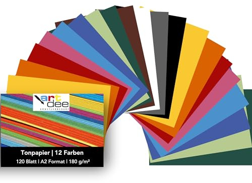 artdee® Tonpapier bunt in 12 verschiedenen Farben 180 g/m² – Bastelpapier Set (120 Blatt gemischt in DIN A2) – Buntes Papier zum Basteln – Bastelpapier bunt für Kinder und Erwachsene