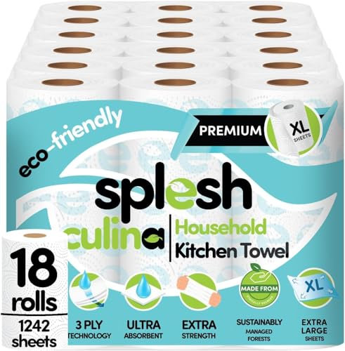 Splesh Culina Kitchen Towel - 18 XL Rolls (1242 Sheets) 3 Ply Ultra Absorbent & Extra Strong, Large Eco-Friendly Household Kitchen Rolls - 69 Super Sized Triple Layered Sheets Per Roll