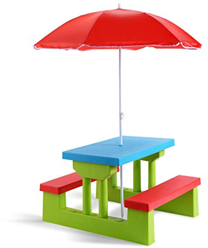 GYMAX Conjunto de Asientos Infantiles con Sombrilla, Muebles de Jardín para Niños, Incluye Mesa y Bancos, de Plástico, con Esquinas Redondeadas, para Interior y Exterior