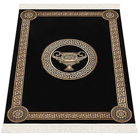 Belle Arti Premium Teppich Wohnzimmer Schlafzimmer Wohnzimmerteppich Kurzflor griechisches Mäander Amphore Muster in Schwarz Gold - mit Fransen weich rutschfest Seidenglanz 100% Viskose - 200x280 cm