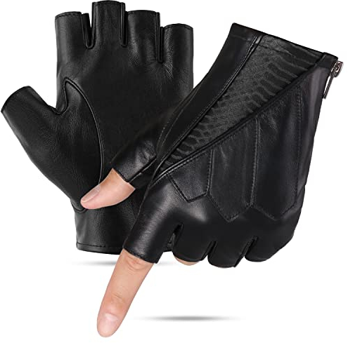 GSG Fingerlose Lederhandschuhe Herren Ungefüttert Halbfingerhandschuhe Echtes Leder Schwarz XL