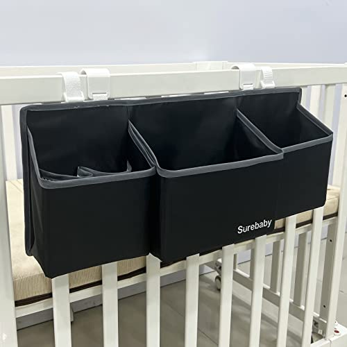 surebaby Hanging Baby Diaper Caddy, 3-in-1 Changing Table Diaper Organizer Holder For Baby Crib, Nursery Organization Diaper Stacker Storage For Crib, Changing Table-Black