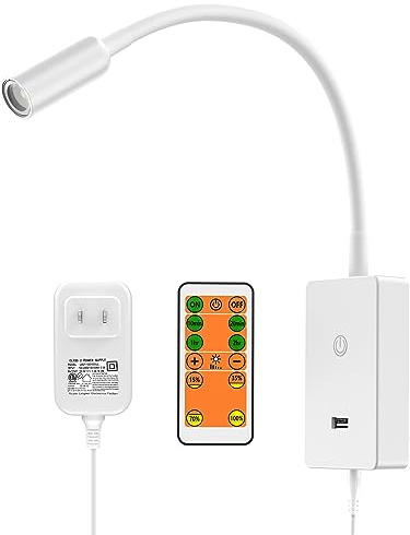 PRINCEWAY LED Wall Mounted Bedside Reading Light with Wireless Remote Control, White Flexible LED Bedroom Wall Spot Lamp, Dimmable Neutral White 4000K Lighting, Timer Function, 5V2A USB Output