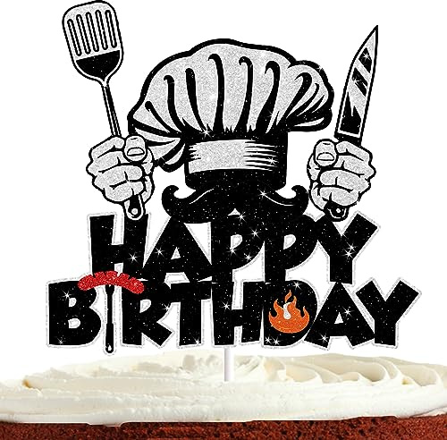 Chef Cake Topper for Boys Girls Men Happy Birthday Masterchef Party Glitter Cooking Baking BBQ Kitchen Adventure Birthday Party Supplies Cake Decorations