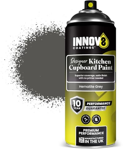 INNOV8 COATINGS DESIGNER KITCHEN CUPBOARD SPRAY PAINT - DIY - NO PRIMER OR TOP COAT - SATIN Finish – 1 x 400 ml - Hematite Grey - Fast Dry - CABINET, FURNITURE, WOOD, MDF, PLASTIC & METAL