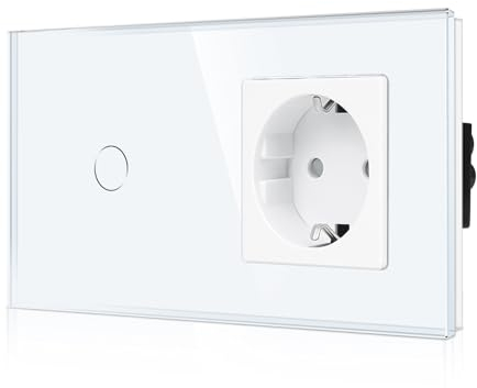 CNBINGO Interruttore della luce in vetro e presa Schuko da incasso – Interruttore della luce touch con stato LED – Interruttore da parete con cornice in vetro – 1 scomparto bianco