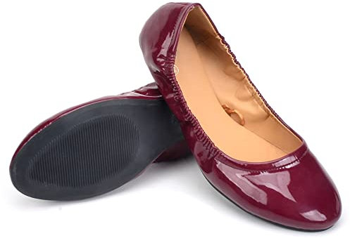 Dernolsea Womens Ballet Flats, Patent Leather Foldable Round Toe Slip On Pumps Elastic Flat Dolly Ballerina Shoes Burgundy Size 7