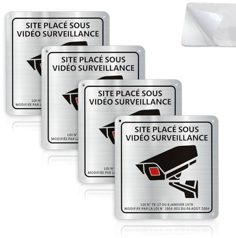 Set di 4 pannelli di videosorveglianza in alluminio adesivo 15×15 cm, cartello Sito Sotto Video Sorveglianza Pannello Telecamera Sorveglianza Adesivo, Resistente ai raggi UV, Impermeabile, Con Fori