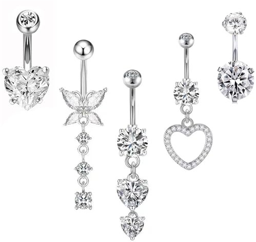 CocCCoon 5 Pcs Stainless Steel Belly Button Bars Set,Navel Piercing Jewelry for Women,Navel belly bars Rings Silver Belly Button Piercing Jewllery,belly button ring,belly button piercing kit