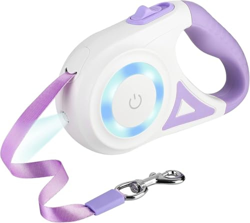 PUGTOW Laisse rétractable pour chien avec lumière, 5 m, sans nœuds, pour chiens de taille moyenne jusqu'à 20 kg, violet