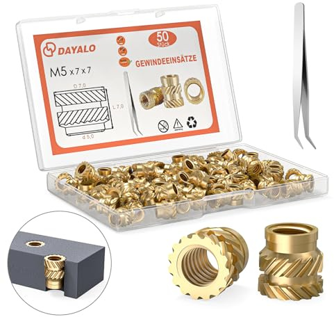 Dayalo M5 Gewindeeinsatz, 50 Stück M5x7x7 Einpressmuttern für 3D Druck Zubehör, Messing Gewindebuchsen, Durch Wärme in 3D-Druck-Teile aus Kunststoff Einsetzbar