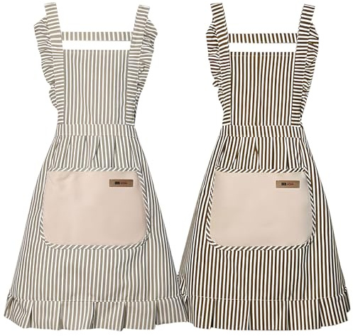 G-LIKE Damen Mädchen Schürze Küchenschürze – 2er Set Kochschürzen mit Spitzen Tasche Schnüren Ölbeständig Schmutzabweisend Baumwolle Leinen Korallenvlies für Kochen Backen Grillen