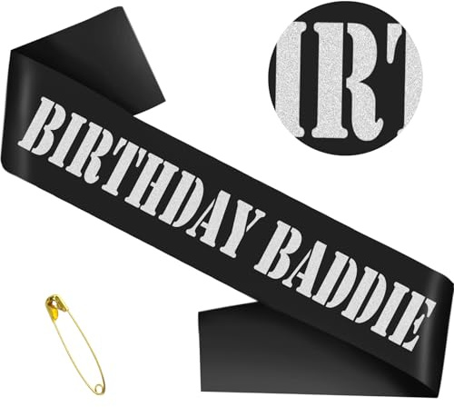 SKJIAYEE BIRTHDAY BADDIE Sash, Funny Black Silver Glitter Birthday Sash for Women and Men Birthday Party Favors Decorations Supplies Accessories, Great for Any Bday Gifts Ideas