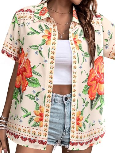MYMORE Hawaiian Shirts for Women Beach Tropical Vacation Short Sleeve Button Down Shirt Farm Clothes Rio Dupe Floral Aloha Hawaii Print Top Blouse Caronneam Luau Party Outfit Apricot 2XL