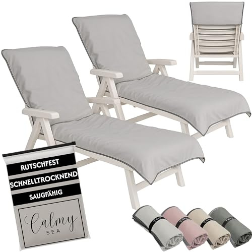 CalmySEA 2X Handtuch für Sonnenliege - 200x75cm mit Kapuze Microfaser Light Weight Schonbezug für Gartenliege Handtücher mit Umschlag Liegestuhl Bezug Strandliege (Hellgrau, 2 Stück)