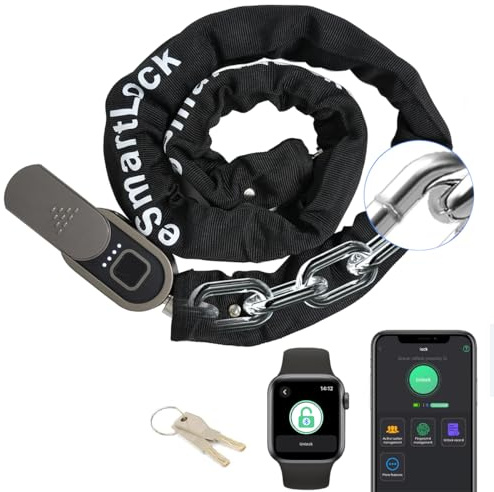 Chain Lock with Key eLinkSmart Waterproof Bicycle 100CM Chain Lock for Bike Scooter Motorcycle Door Fence Gate Fingerprint Bluetooth App Heavy Duty Outdoor Security