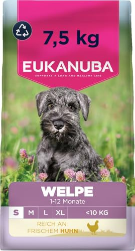 Eukanuba Welpenfutter trocken mit frischem Huhn für kleine Rassen, 7,5 kg | Premium Trockenfutter | für Junior Hunde | mit DHA zur Verbesserung der Lernfähigkeit