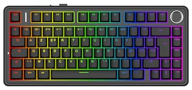 MechLands Aula F75 75% Clavier de Gaming Mécanique, AZERTY Français, Rétroéclairage RGB, Clavier de Jeu sans Fil BT5.0/USB-C/2,4 GHz, Crémeux, Molette, Reaper Switches pour Win/Mac (Noir)