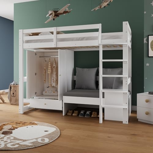 Merax Kinderbett Hochbett 90x200cm, mit Kleiderschrank,Minisofa für Kinder mit Kissen und Polsterung, Etagenbett mit Leiter,Lattenrost,Rausfallschutz, Ohne Matratze,Weiß/206.6×98×181cm