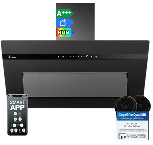 KKT KOLBE A+++ campana extractora de 90 cm 782 cbm/h convección de aire de escape sin cabeza | vidrio negro mate | carga automática | aplicación WiFi inteligente | SensorTouch | iluminación LED RGBW |