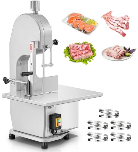 Commercial Electric Meat and Bone Band Saw, 1500W Stainless Steel Worktable Bone Saw Machine, Worktable 19.3 x 19.7, 0.04-7.09'' Cutting Thickness, Frozen Meat Cutter for Rib Pork Beef (5 Blades)