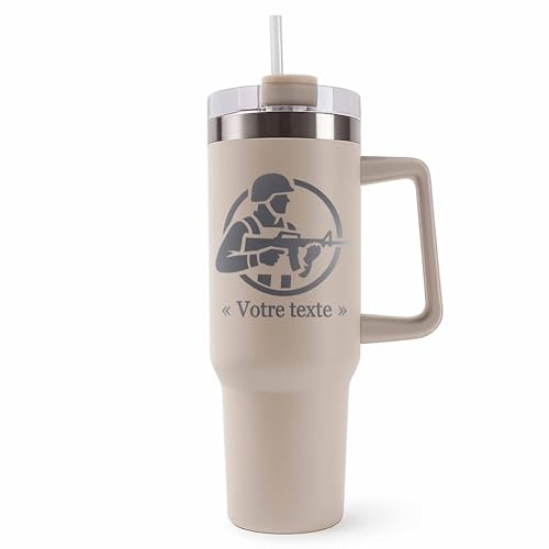 Mug Isotherme 1,2L - Activité avec Prénom Personnalisable – Bouteille avec Anse, Paille et Couvercle – Sport Passion Idée Cadeau Personnalisé Gourde (Beige, Militaire)