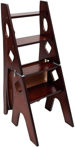 Silla de escalera, 34 x 44,5 x 87 cm, escalera de biblioteca plegable, taburete plegable de 4 niveles, escalera de silla plegable, se puede utilizar en interiores y exteriores (color nogal)