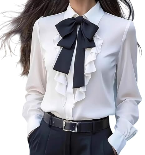 Women Bow Tie Neck Blouse Elegant Loose Button Down Ruffle Trim Shirts Long Sleeve Lapel Collar Dressy Business Tops White