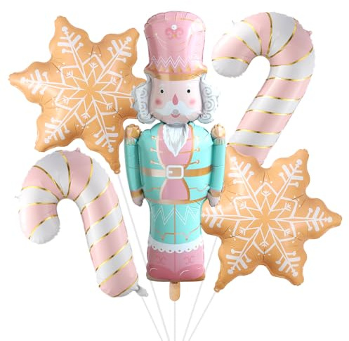 Set di 5 palloncini natalizi, soldato schiaccianoci, biscotti, fiocchi di neve e bastoncini di zucchero rosa, per Natale, schiaccianoci, ghiaccio, neve, inverno, pan di zenzero, decorazioni per feste