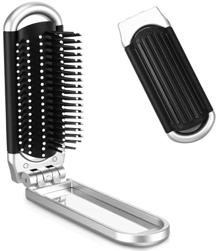 2 Pack Foldable Brush for Purse, Compact Brush with Mirror, Soft Bristles Travel Brushes Compact & Portable for Gym, Swimming, Makeup