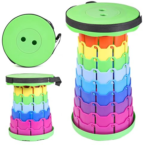 Collapsible Portable Telescopic Stool,Camping Folding Stool,Adjustable Height Retractable Stool, Plastic Folding Stool Fishing Chair,for Outdoor Camping BBQ Hiking Garden & Home (Rainbow Green)