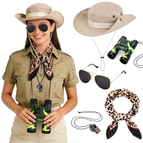 SelfTek Déguisement Safari de Carnaval pour Femmes - 5PCS Accessoires Safari avec Chapeau Safari, Jumelles, Mouchoir, Lunettes de Soleil, Sifflet, Idéaux pour Carnaval, Fasching, Fêtes