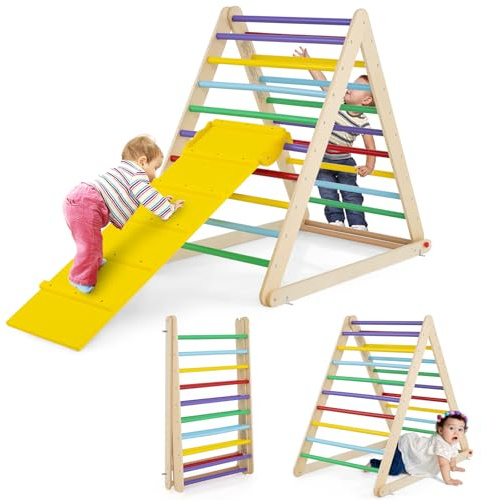 DREAMADE Kletterdreieck mit Rampe, klappbar Kletterspielzeug Holzdreieck aus Massivholz, Indoor Klettergerüst für Kinder ab 3 Jahren (Bunt)
