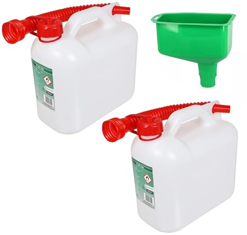 SPARES2GO 5 liter bränsleburk bensin diesel Jerry behållare med flexibel pip (paket med 2 + tratt)