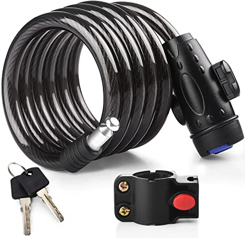 Diyife Bike Lock, [6ft/1.8m] 12mm Bike Security Cable Lock, Steel Coiled Cable Lock with 2 Keys, Heavy Duty Bicycle Lock with Mounting Bracket for Bike Motorcycle Scooter Skateboard Stroller Outdoor