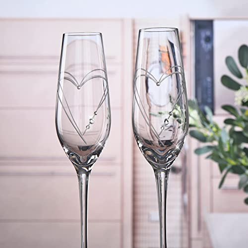 Parihy Champagnerflöten, Braut und Bräutigam, Hochzeit, Toasten, Champagnergläser, 2 Stück, mit Gravur, Liebesherz-Design, verziert mit Kristall, Hochzeit, Verlobung, Weihnachtsgeschenke für Paare