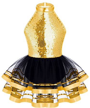 iiniim Mädchen Ballettkleid Glitzer Latein Tanzkleid Pailletten Ballettanzug mit Tutu Rock Chacha Salsa Ballerina Latein Jazz Modern Contemporary Tanzkleidung Gold 110-116