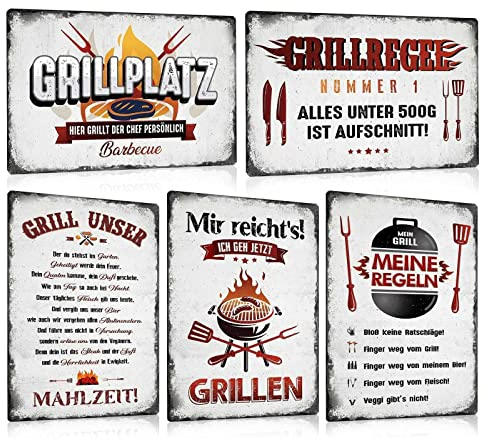 ESFIVHO 5er Set Retro Blechschild Grill - GRILLPLATZ Schild mit Spruch - GRILL REGEL UNSER BBQ Metallschild Vintage Deko - Wand Dekoration Geschenk für Griller Grillmeister Küche Köche 20x30cm