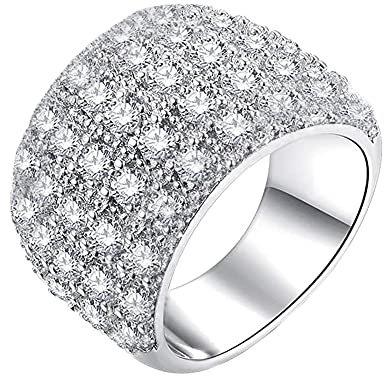 PAMTIER Anello di Fidanzamento a Fascia Larga per Donna con Gemma di Zircone 5 File Diamante Misura 19