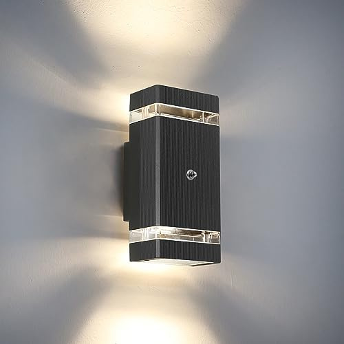 HLFVLITE Dusk Till Dawn Outdoor Wall Light, Waterproof Outdoor Light Mains Powered, Up and Down Light Outside, Porch Light with 5W LED Bulbs for House, Garage, Doorway, Garden