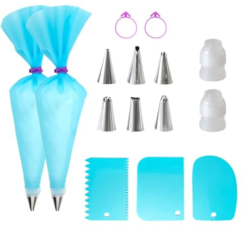 Intirilife Ensemble de Poches à Douille en Silicone de 15 pièces avec Embouts en Acier Inoxydable - Accessoire de pâtisserie réutilisable pour glaçage pour décorer des gâteaux, Cupcakes, Muffins, etc