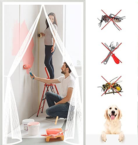 Magnetische Fliegengitter 140 x 220 cm Neue Langlebiger, Kratzfest,Stärkere Wärmeschutzvorhang Magnet Thermo Klettband, Klebemontage Ohne Bohren für Balkontür Wohnzimmer, Weiß