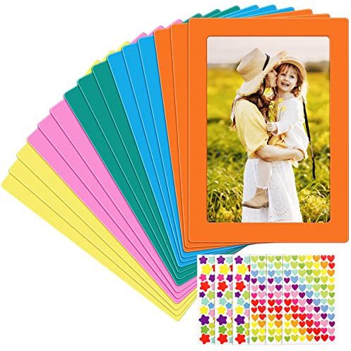 Wesiti 15 Stück bunte magnetische Bilderrahmen magnetische Bilderrahmen für Kühlschrank 10,2 x 15,2 cm Fotos, Kühlschrank-Bilderrahmen-Magnete mit 12 Blättern Herz- und Stern-Aufklebern für Notizen,