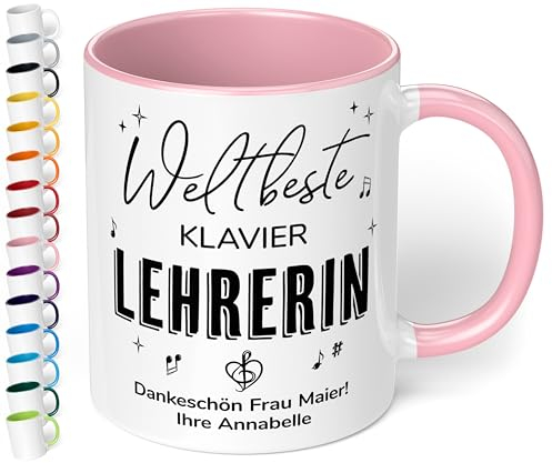 True Statements Geschenk für Musik-Lehrerin: Keramik-Tasse „Weltbeste Lehrerin“ personalisiert mit Musik-Instrument und Wunschtext – Kaffeebecher 330ml. - kleine Aufmerksamkeit als Dankeschön (Rosa)