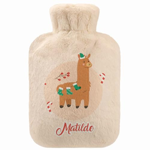 Personalisierte Wärmflasche mit Minky Pullover Bezug 2 Liter Bettflasche mit schönen Fleece-Druck Bezug Gummi Wärmflasche mit Deckel Weihnachtslama [092]