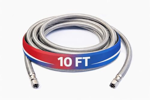 Refrigerator Icemaker Hose (10 FT) - Universal Fit to ALL Refrigerator Brands - Icemaker Water Supply Line - ¼” x ¼” Connections - SS Refrigerator Supply Hose for Ice & Water
