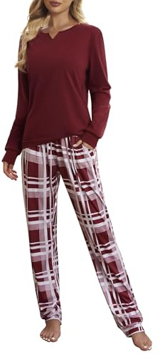 ZOEREA Pyjama Femme Ensembles Automne Hiver Nuit à Manches Longues Col V Tenue de Nuit à Carreaux Vêtement d'Intérieur 2 Pièces pour Femme Rouge, L